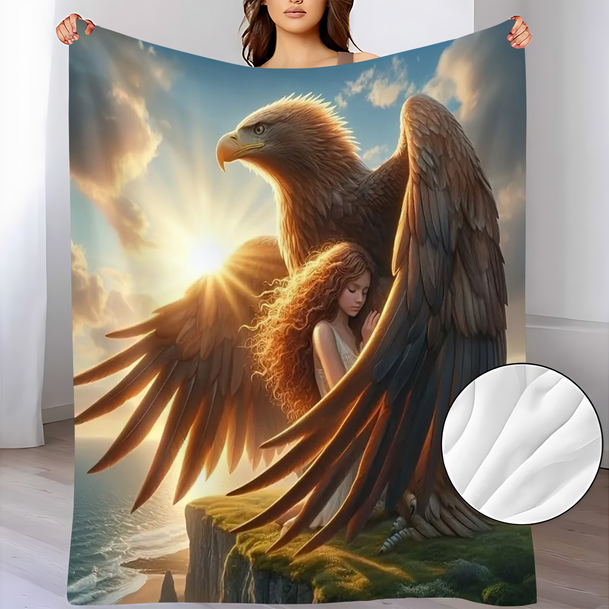 Sunrise Home Textiles & Apparel - Majestueuze Adelaar Beschermt Meisje Flanellen Plaiddeken